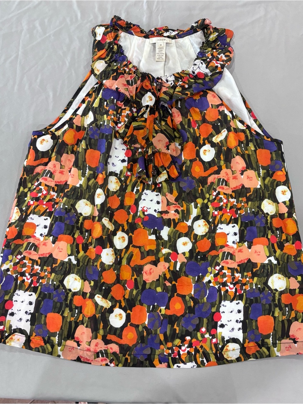 J Crew Womens M Silk Cotton Floral Blouse Ruffle Tie Neck Sleeveless Lined Top